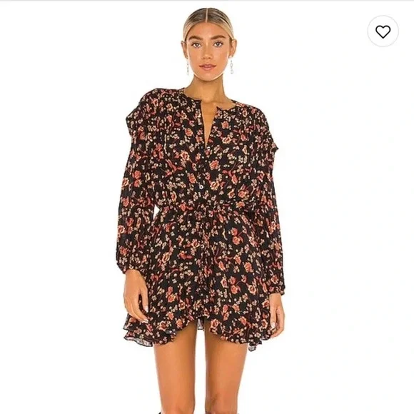 Free People | Flower Fields Black & Orange Floral Print Long Sleeve Mini Dress M - Picture 1 of 16